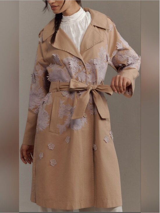 Anthropologie Jackets & Blazers - Anthropologie Cotton Embroidered Floral Belted Side Pockets Trench Coat size S